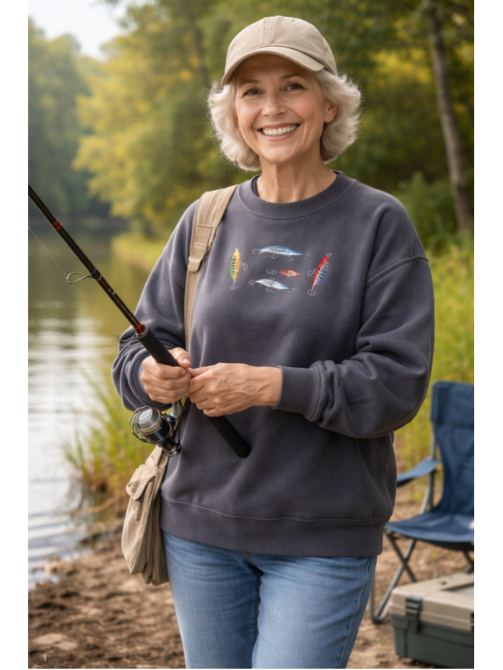Vintage Mc Sport Fishing Grandma Graphic Sweatshirt Grey XL Cotton Grannycore